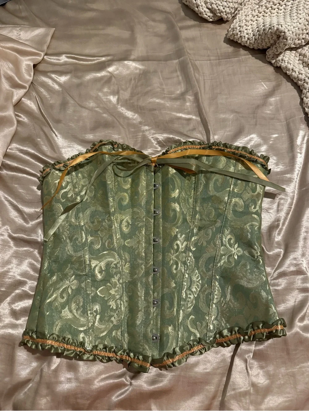 Green Brocade Strapless Corset Top with Ribbon Trim